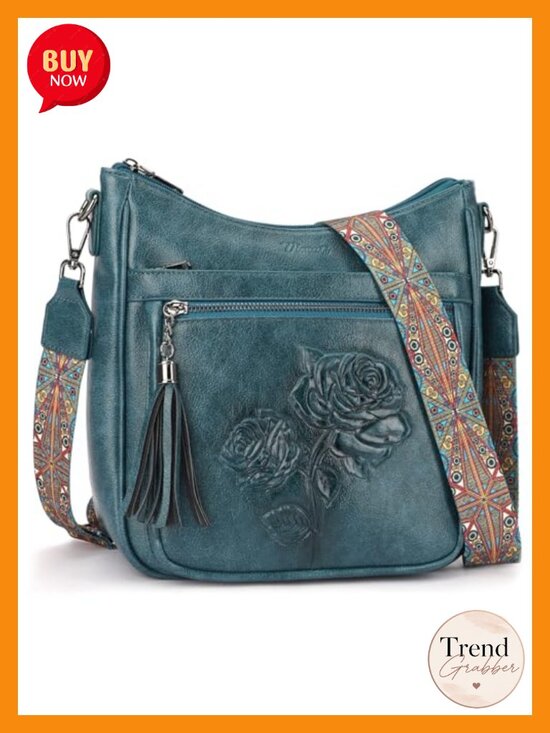 Handbags - Vegan Leather Hobo Crossbody Bag Floral Embossed Women Purse